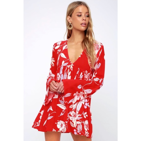 Free People Bella Red Floral Print V Neck Tunic Mini Dress Size Medium - Picture 1 of 9